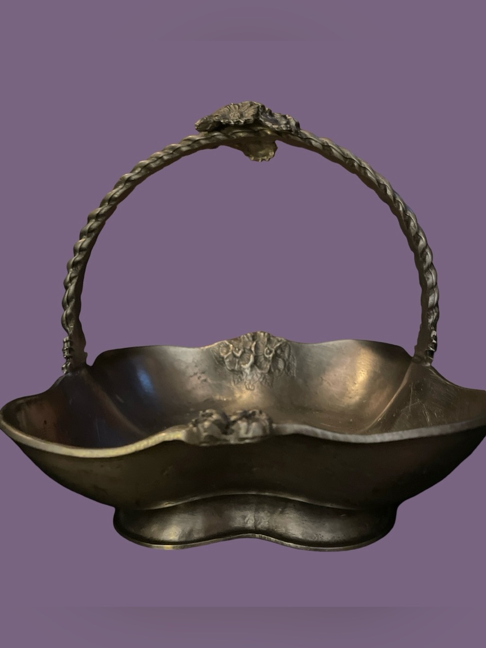 Vintage German Rein Zinn 95% Pewter Wedding Basket Scalloped Bowl Twisted Handle